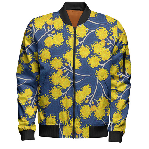 Australia Flowers Aboriginal Bomber Jacket - Yellow Wattle Flowers With Aboriginal Dot Art Bomber Jacket