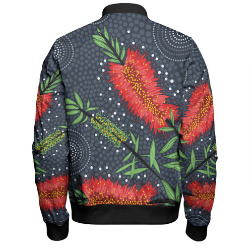 Australia Flowers Aboriginal Bomber Jacket - Red Bottle Brush Tree Depicted In Aboriginal Style Bomber Jacket
