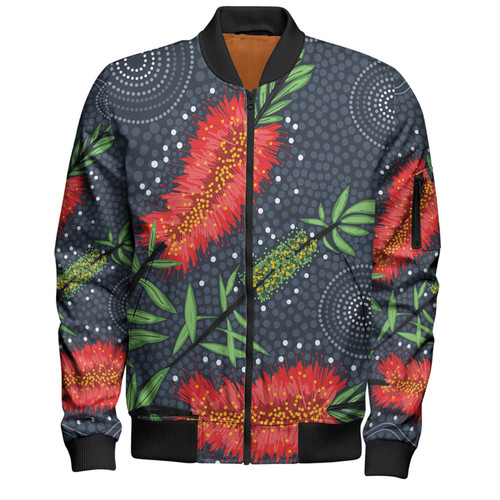 Australia Flowers Aboriginal Bomber Jacket - Red Bottle Brush Tree Depicted In Aboriginal Style Bomber Jacket