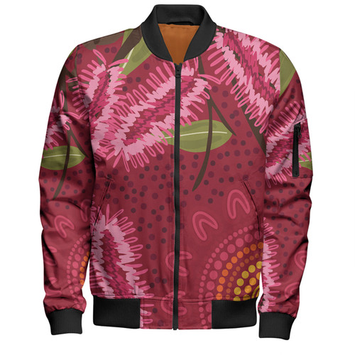 Australia Flowers Aboriginal Bomber Jacket - Pink Bottle Brush Flora In Indigenous Painting Bomber Jacket