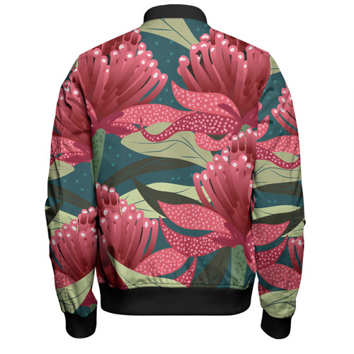 Australia Flowers Aboriginal Bomber Jacket - Australian Waratah Flowers Painting In Aboriginal Style Bomber Jacket Australia Flowers Aboriginal Bomber Jacket - Australian Waratah Flowers Painting In Aboriginal Style Bomber Jacket