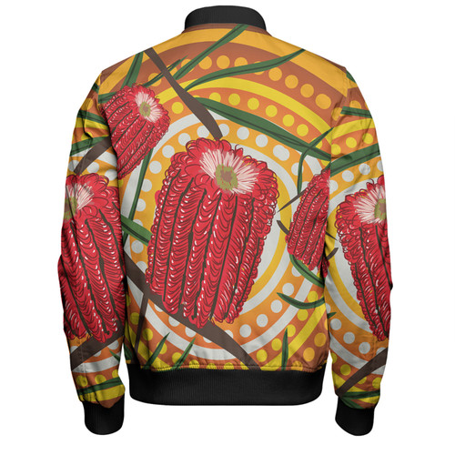 Australia Flowers Aboriginal Bomber Jacket - Aboriginal Dot Painting With Red Banksia Flower Bomber Jacket Australia Flowers Aboriginal Bomber Jacket - Aboriginal Dot Painting With Red Banksia Flower Bomber Jacket