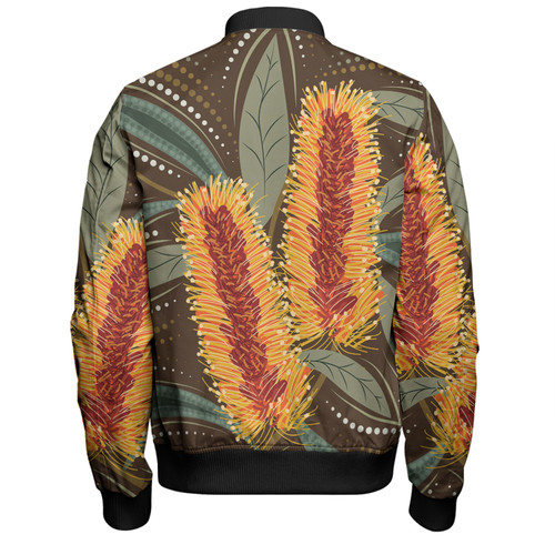 Australia Flowers Aboriginal Bomber Jacket - Aboriginal Dot Art With Yellow Banksia Flower Bomber Jacket Australia Flowers Aboriginal Bomber Jacket - Aboriginal Dot Art With Yellow Banksia Flower Bomber Jacket