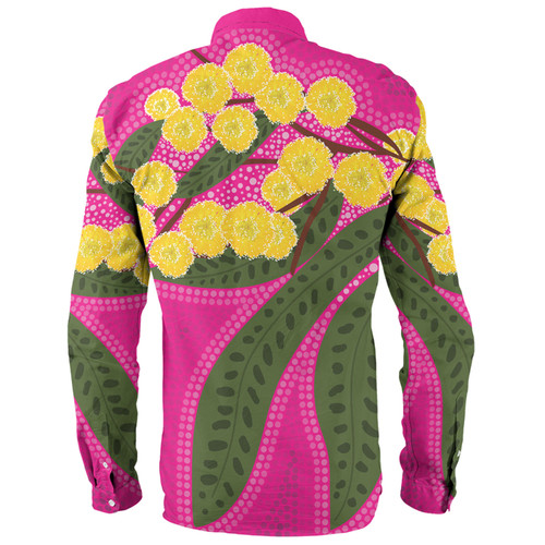 Australia Flowers Aboriginal Long Sleeve Shirt - Australian Yellow Wattle Flowers Painting In Aboriginal Dot Art Style Long Sleeve Shirt