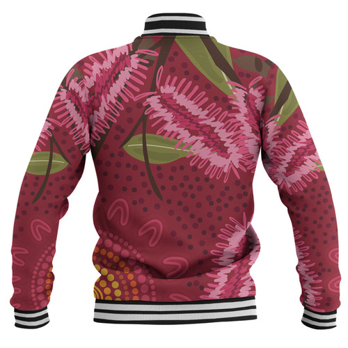 Australia Flowers Aboriginal Baseball Jacket - Pink Bottle Brush Flora In Indigenous Painting Baseball Jacket