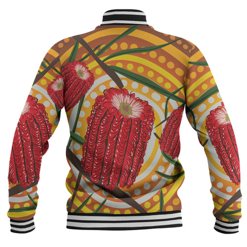 Australia Flowers Aboriginal Baseball Jacket - Aboriginal Dot Painting With Red Banksia Flower Baseball Jacket Australia Flowers Aboriginal Baseball Jacket - Aboriginal Dot Painting With Red Banksia Flower Baseball Jacket