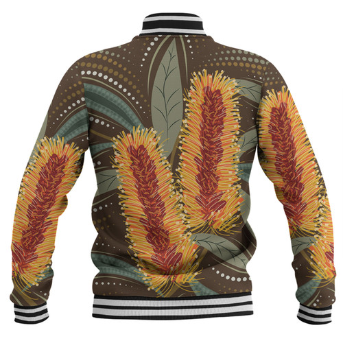 Australia Flowers Aboriginal Baseball Jacket - Aboriginal Dot Art With Yellow Banksia Flower Baseball Jacket Australia Flowers Aboriginal Baseball Jacket - Aboriginal Dot Art With Yellow Banksia Flower Baseball Jacket