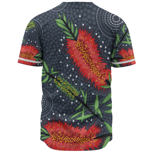 Australia Flowers Aboriginal Baseball Shirt - Red Bottle Brush Tree Depicted In Aboriginal Style Baseball Shirt