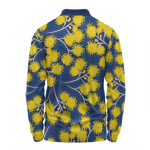 Australia Flowers Aboriginal Long Sleeve Polo Shirt - Yellow Wattle Flowers With Aboriginal Dot Art Long Sleeve Polo Shirt