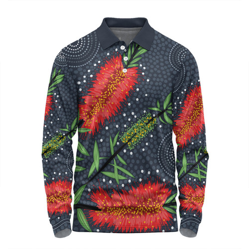 Australia Flowers Aboriginal Long Sleeve Polo Shirt - Red Bottle Brush Tree Depicted In Aboriginal Style Long Sleeve Polo Shirt