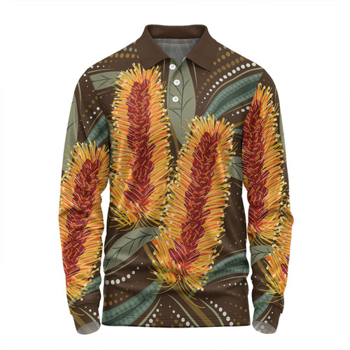 Australia Flowers Aboriginal Long Sleeve Polo Shirt - Aboriginal Dot Art With Yellow Banksia Flower Long Sleeve Polo Shirt