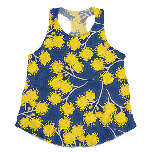 Australia Flowers Aboriginal Women Racerback Singlet - Yellow Wattle Flowers With Aboriginal Dot Art Women Racerback Singlet