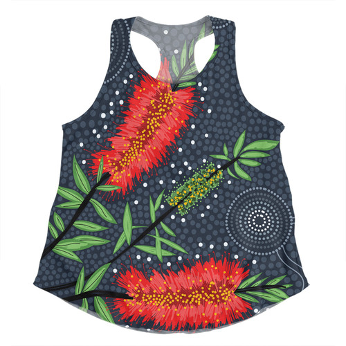 Australia Flowers Aboriginal Women Racerback Singlet - Red Bottle Brush Tree Depicted In Aboriginal Style Women Racerback Singlet