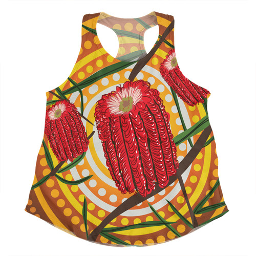 Australia Flowers Aboriginal Women Racerback Singlet - Aboriginal Dot Painting With Red Banksia Flower Women Racerback Singlet