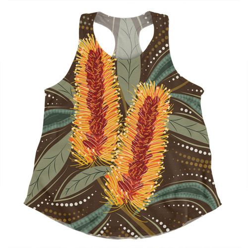 Australia Flowers Aboriginal Women Racerback Singlet - Aboriginal Dot Art With Yellow Banksia Flower Women Racerback Singlet