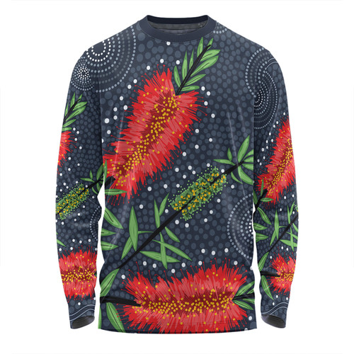 Australia Flowers Aboriginal Long Sleeve T-shirt - Red Bottle Brush Tree Depicted In Aboriginal Style Long Sleeve T-shirt