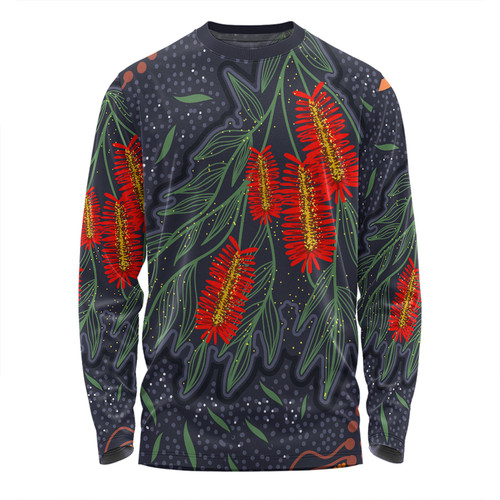 Australia Flowers Aboriginal Long Sleeve T-shirt - Bottle Brush Medicinal Plant Art Long Sleeve T-shirt