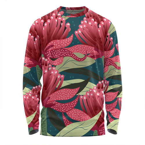 Australia Flowers Aboriginal Long Sleeve T-shirt - Australian Waratah Flowers Painting In Aboriginal Style Long Sleeve T-shirt