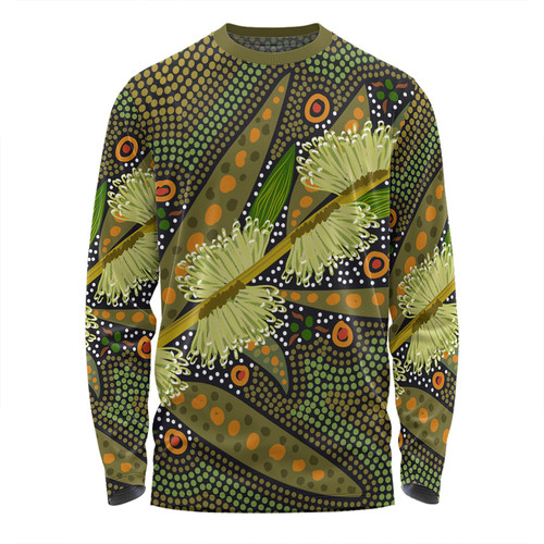 Australia Flowers Aboriginal Long Sleeve T-shirt - Aboriginal Dot Art Of Australian Native Flower Hakea Sericea Long Sleeve T-shirt