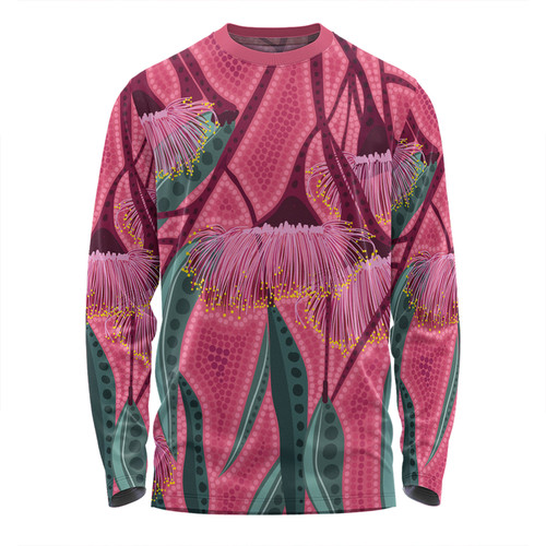 Australia Flowers Aboriginal Long Sleeve T-shirt - Aboriginal Dot Art Of Australian Native Eucalyptus Tree Branch Long Sleeve T-shirt