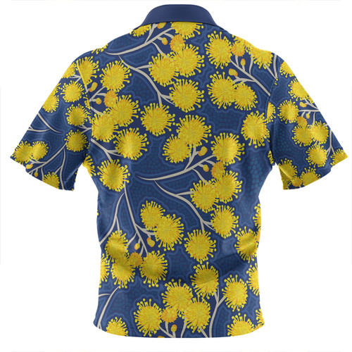 Australia Flowers Aboriginal Zip Polo Shirt - Yellow Wattle Flowers With Aboriginal Dot Art Zip Polo Shirt Australia Flowers Aboriginal Zip Polo Shirt - Yellow Wattle Flowers With Aboriginal Dot Art Zip Polo Shirt