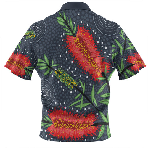 Australia Flowers Aboriginal Zip Polo Shirt - Red Bottle Brush Tree Depicted In Aboriginal Style Zip Polo Shirt Australia Flowers Aboriginal Zip Polo Shirt - Red Bottle Brush Tree Depicted In Aboriginal Style Zip Polo Shirt