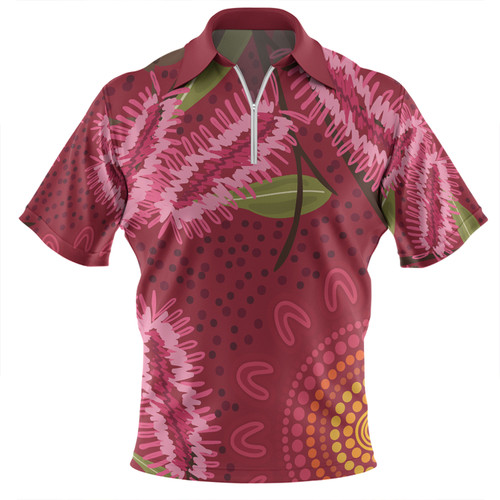 Australia Flowers Aboriginal Zip Polo Shirt - Pink Bottle Brush Flora In Indigenous Painting Zip Polo Shirt