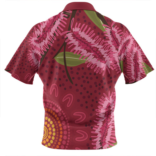 Australia Flowers Aboriginal Zip Polo Shirt - Pink Bottle Brush Flora In Indigenous Painting Zip Polo Shirt Australia Flowers Aboriginal Zip Polo Shirt - Pink Bottle Brush Flora In Indigenous Painting Zip Polo Shirt