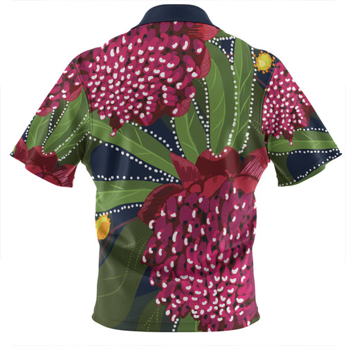 Australia Flowers Aboriginal Zip Polo Shirt - Australian Waratah Flower Art Zip Polo Shirt Australia Flowers Aboriginal Zip Polo Shirt - Australian Waratah Flower Art Zip Polo Shirt