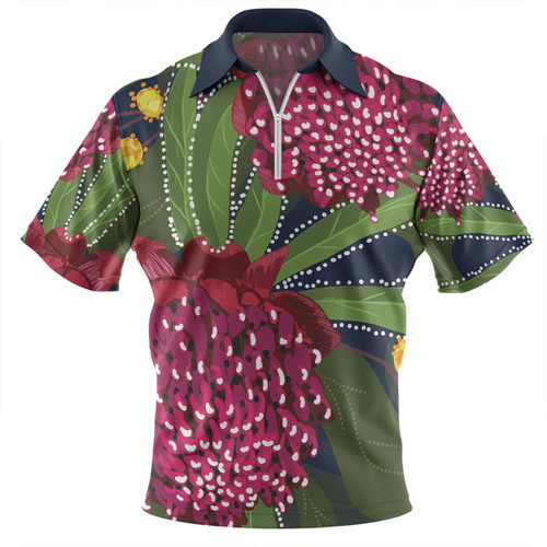 Australia Flowers Aboriginal Zip Polo Shirt - Australian Waratah Flower Art Zip Polo Shirt