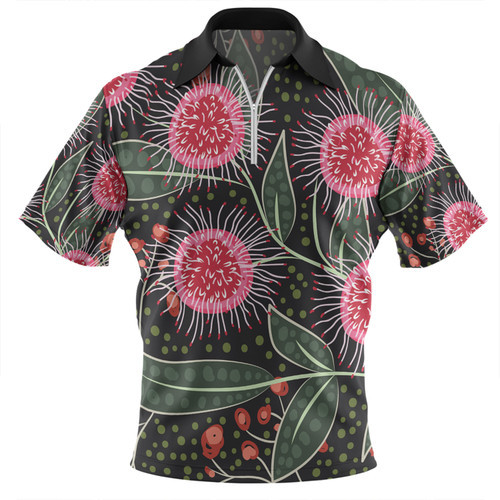 Australia Flowers Aboriginal Zip Polo Shirt - Aboriginal Style Australian Hakea Flower Zip Polo Shirt