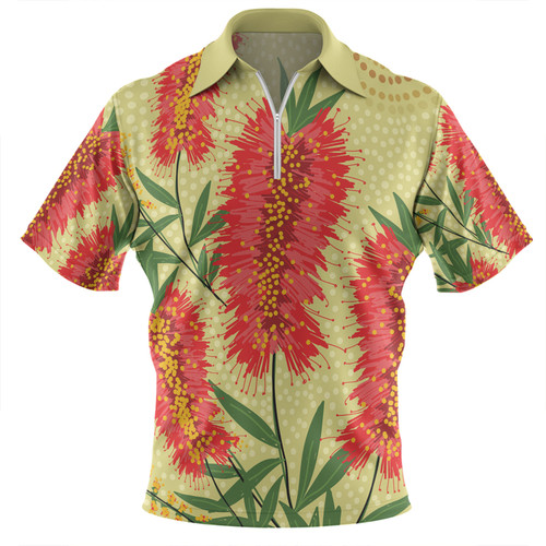 Australia Flowers Aboriginal Zip Polo Shirt - Aboriginal Painting Red Bottle Brush Tree Zip Polo Shirt