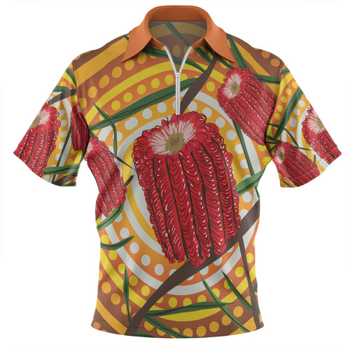 Australia Flowers Aboriginal Zip Polo Shirt - Aboriginal Dot Painting With Red Banksia Flower Zip Polo Shirt