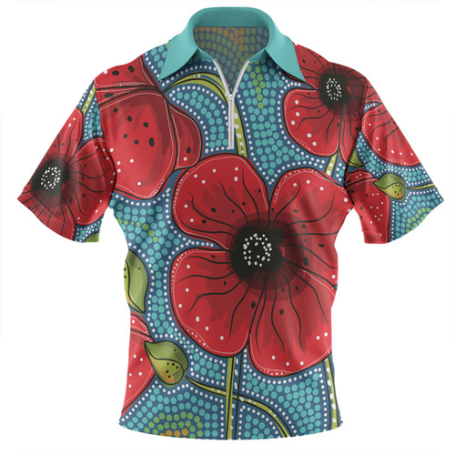 Australia Flowers Aboriginal Zip Polo Shirt - Aboriginal Dot Art Of Australian Poppy Flower Painting Zip Polo Shirt