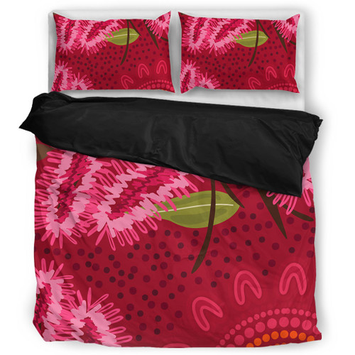 Australia Flowers Aboriginal Bedding Set - Pink Bottle Brush Flora In Indigenous Painting Bedding Set Australia Flowers Aboriginal Bedding Set - Pink Bottle Brush Flora In Indigenous Painting Bedding Set