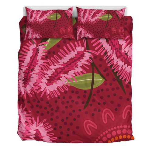 Australia Flowers Aboriginal Bedding Set - Pink Bottle Brush Flora In Indigenous Painting Bedding Set Australia Flowers Aboriginal Bedding Set - Pink Bottle Brush Flora In Indigenous Painting Bedding Set