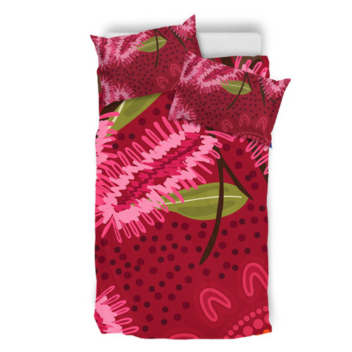 Australia Flowers Aboriginal Bedding Set - Pink Bottle Brush Flora In Indigenous Painting Bedding Set Australia Flowers Aboriginal Bedding Set - Pink Bottle Brush Flora In Indigenous Painting Bedding Set