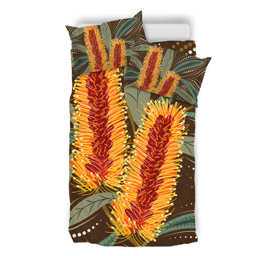 Australia Flowers Aboriginal Bedding Set - Aboriginal Dot Art With Yellow Banksia Flower Bedding Set Australia Flowers Aboriginal Bedding Set - Aboriginal Dot Art With Yellow Banksia Flower Bedding Set