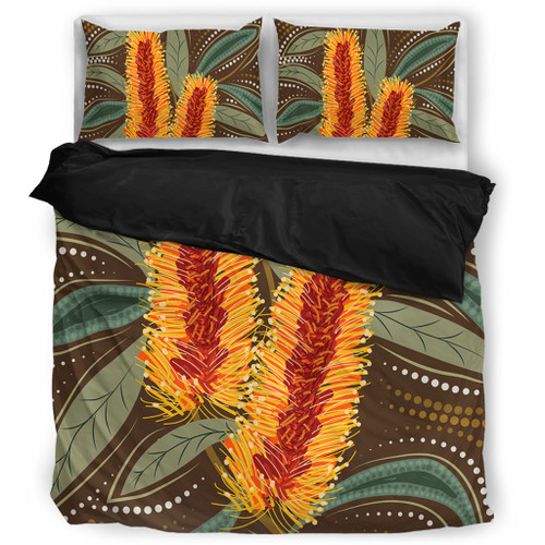 Australia Flowers Aboriginal Bedding Set - Aboriginal Dot Art With Yellow Banksia Flower Bedding Set Australia Flowers Aboriginal Bedding Set - Aboriginal Dot Art With Yellow Banksia Flower Bedding Set