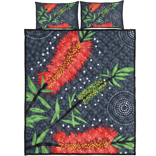 Australia Flowers Aboriginal Quilt Bed Set - Red Bottle Brush Tree Depicted In Aboriginal Style Quilt Bed Set Australia Flowers Aboriginal Quilt Bed Set - Red Bottle Brush Tree Depicted In Aboriginal Style Quilt Bed Set