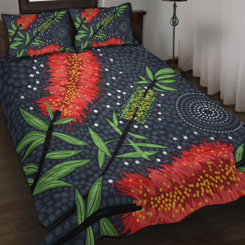 Australia Flowers Aboriginal Quilt Bed Set - Red Bottle Brush Tree Depicted In Aboriginal Style Quilt Bed Set