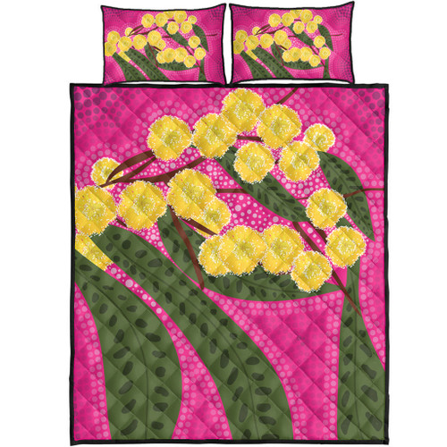 Australia Flowers Aboriginal Quilt Bed Set - Australian Yellow Wattle Flowers Painting In Aboriginal Dot Art Style Quilt Bed Set Australia Flowers Aboriginal Quilt Bed Set - Australian Yellow Wattle Flowers Painting In Aboriginal Dot Art Style Quilt Bed Set