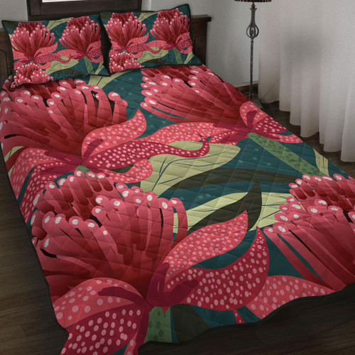 Australia Flowers Aboriginal Quilt Bed Set - Australian Waratah Flowers Painting In Aboriginal Style Quilt Bed Set