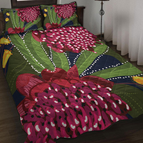 Australia Flowers Aboriginal Quilt Bed Set - Australian Waratah Flower Art Quilt Bed Set
