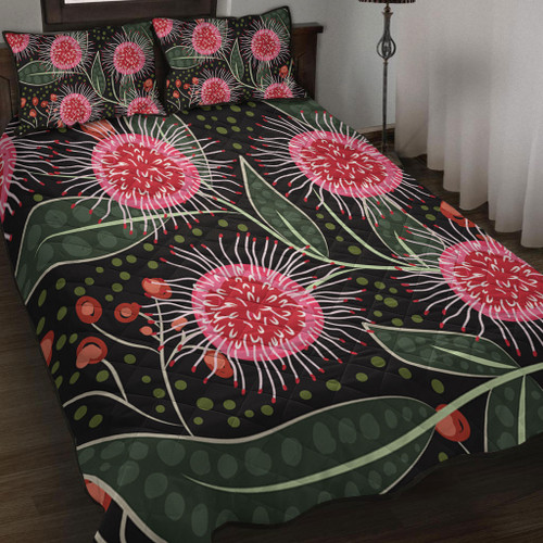 Australia Flowers Aboriginal Quilt Bed Set - Aboriginal Style Australian Hakea Flower Quilt Bed Set