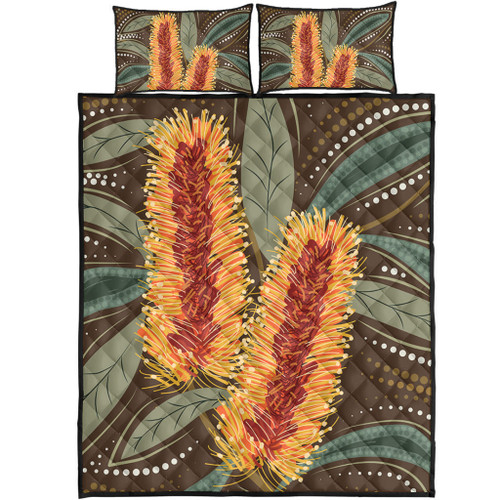 Australia Flowers Aboriginal Quilt Bed Set - Aboriginal Dot Art With Yellow Banksia Flower Quilt Bed Set