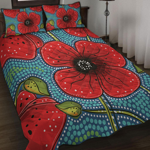 Australia Flowers Aboriginal Quilt Bed Set - Aboriginal Dot Art Of Australian Poppy Flower Painting Quilt Bed Set