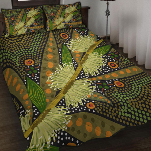 Australia Flowers Aboriginal Quilt Bed Set - Aboriginal Dot Art Of Australian Native Flower Hakea Sericea Quilt Bed Set