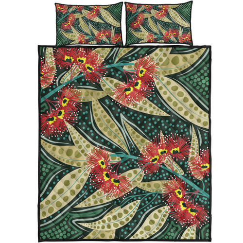Australia Flowers Aboriginal Quilt Bed Set - Aboriginal Dot Art of Australian Native Eucalyptus Plant Quilt Bed Set Australia Flowers Aboriginal Quilt Bed Set - Aboriginal Dot Art of Australian Native Eucalyptus Plant Quilt Bed Set