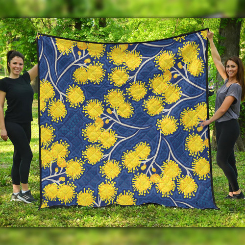 Australia Flowers Aboriginal Quilt - Yellow Wattle Flowers With Aboriginal Dot Art Quilt Australia Flowers Aboriginal Quilt - Yellow Wattle Flowers With Aboriginal Dot Art Quilt